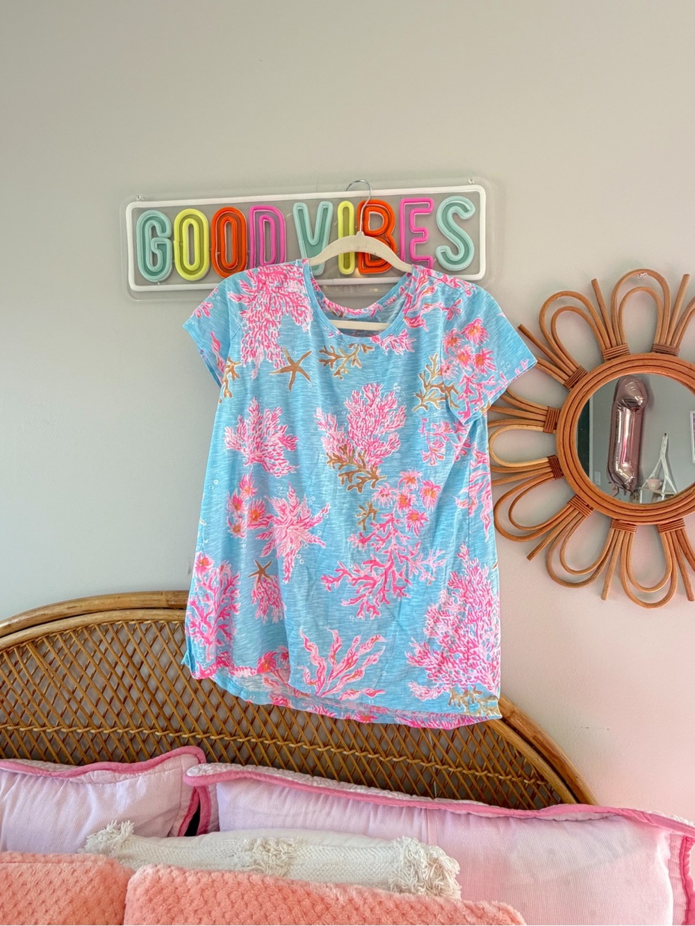 Lilly Pulitzer Blue Short Sleeve Top with Pink Coral Print